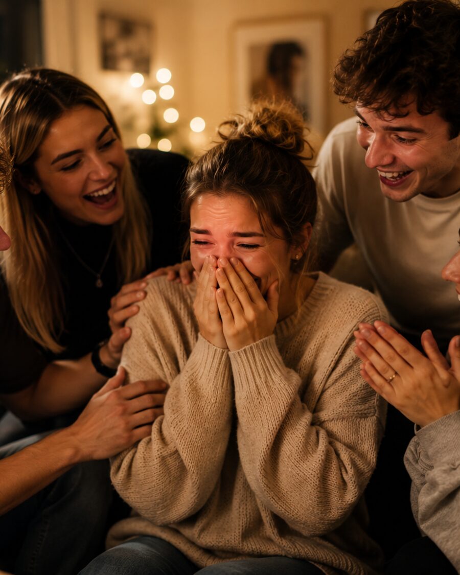 Friends celebrating together over a gift